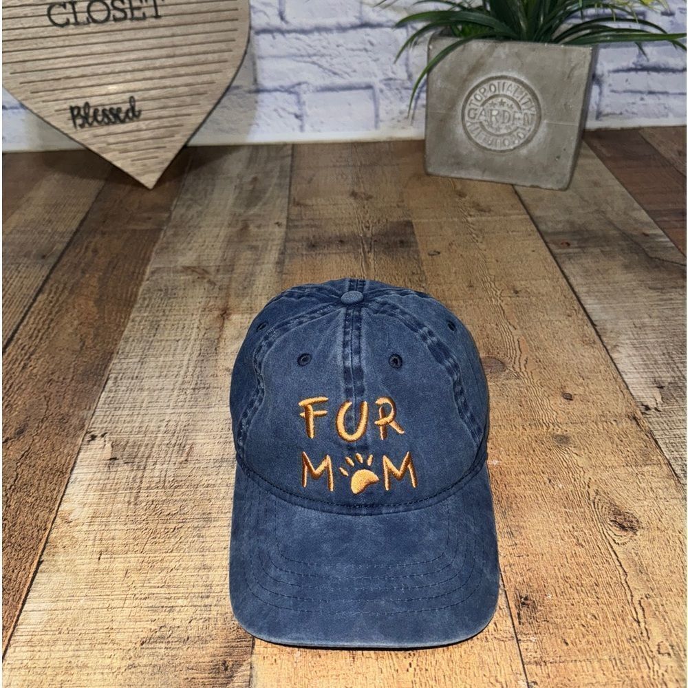 Fur Mom Strapback Baseball Hat Cap Blue Denim Pet Owner infinity headwear